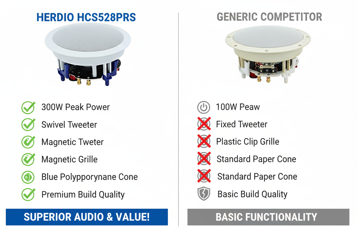 Herdio ceiling speaker model comparison chart showing features and specifications