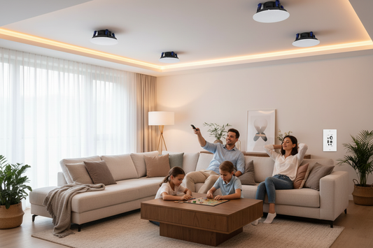 Herdio Bluetooth ceiling speakers installed in modern living room with wireless streaming