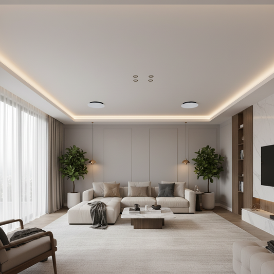 Flush mount ceiling speakers installed in modern living room with white ceiling and contemporary furniture