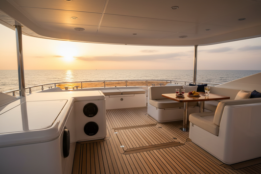 Waterproof marine speakers installed on yacht deck outdoor boating environment