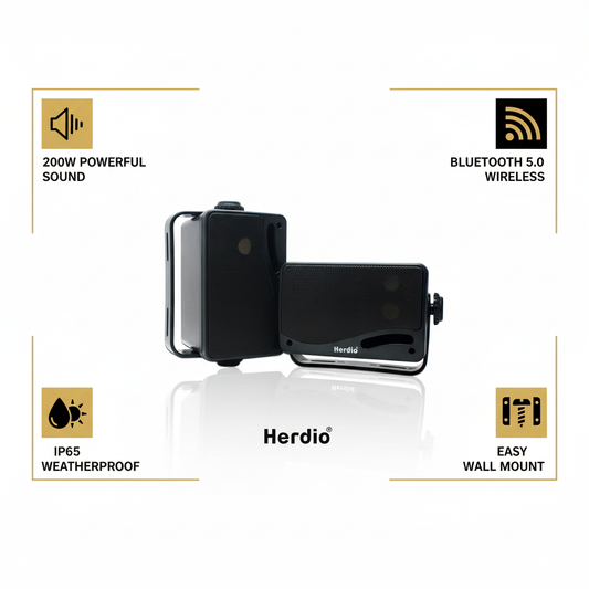 Herdio outdoor speakers key features - 200 watts power, Bluetooth connectivity, waterproof design