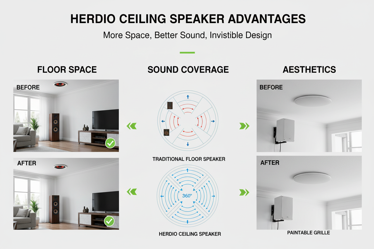 Herdio ceiling speaker comparison chart showing power output, size options, and installation features