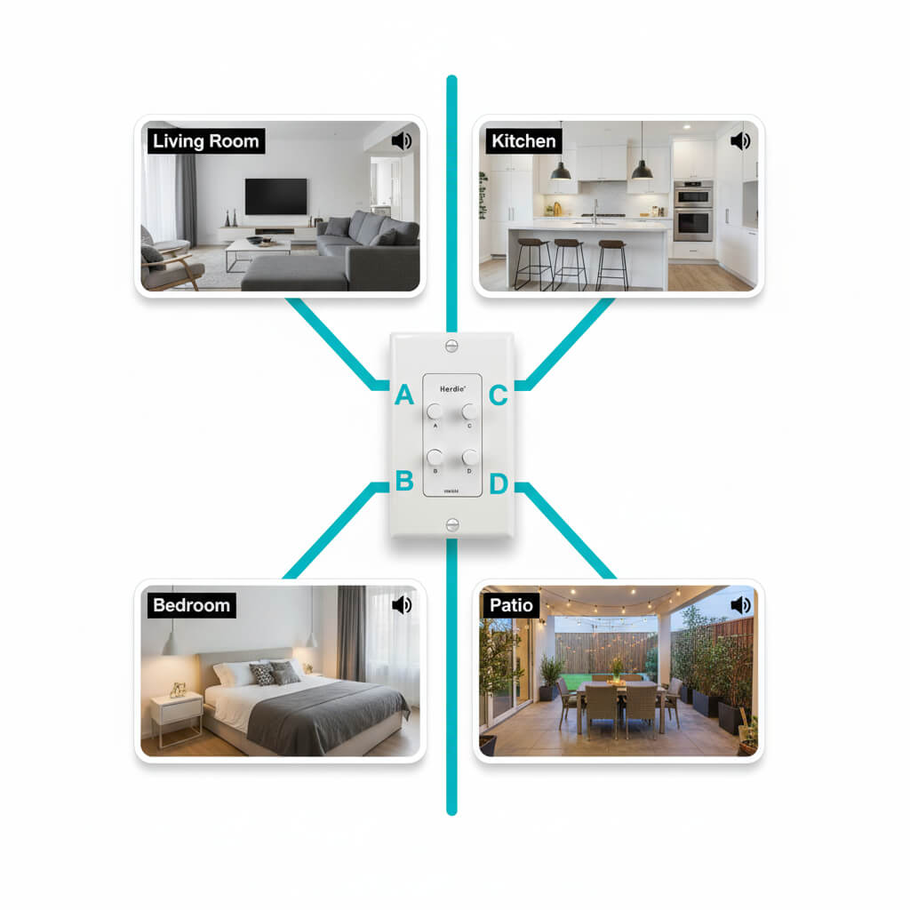 Masteronly 4-Channel In-Wall Speaker Selector Switch - 120W Multi-Room Audio Controller