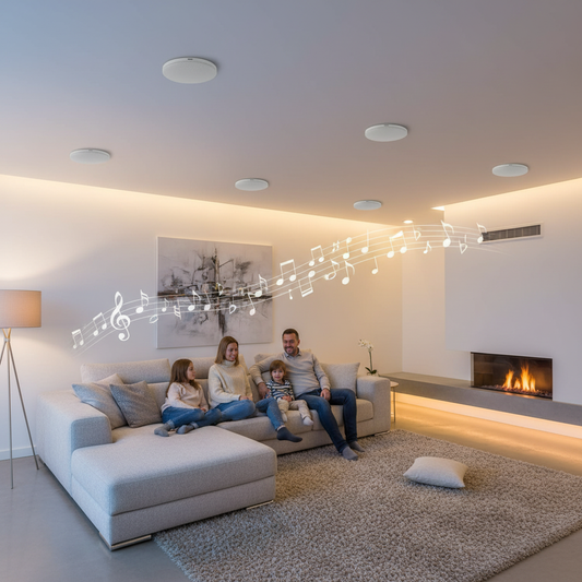 Living room surround sound setup with Herdio Bluetooth ceiling speakers creating immersive audio experience