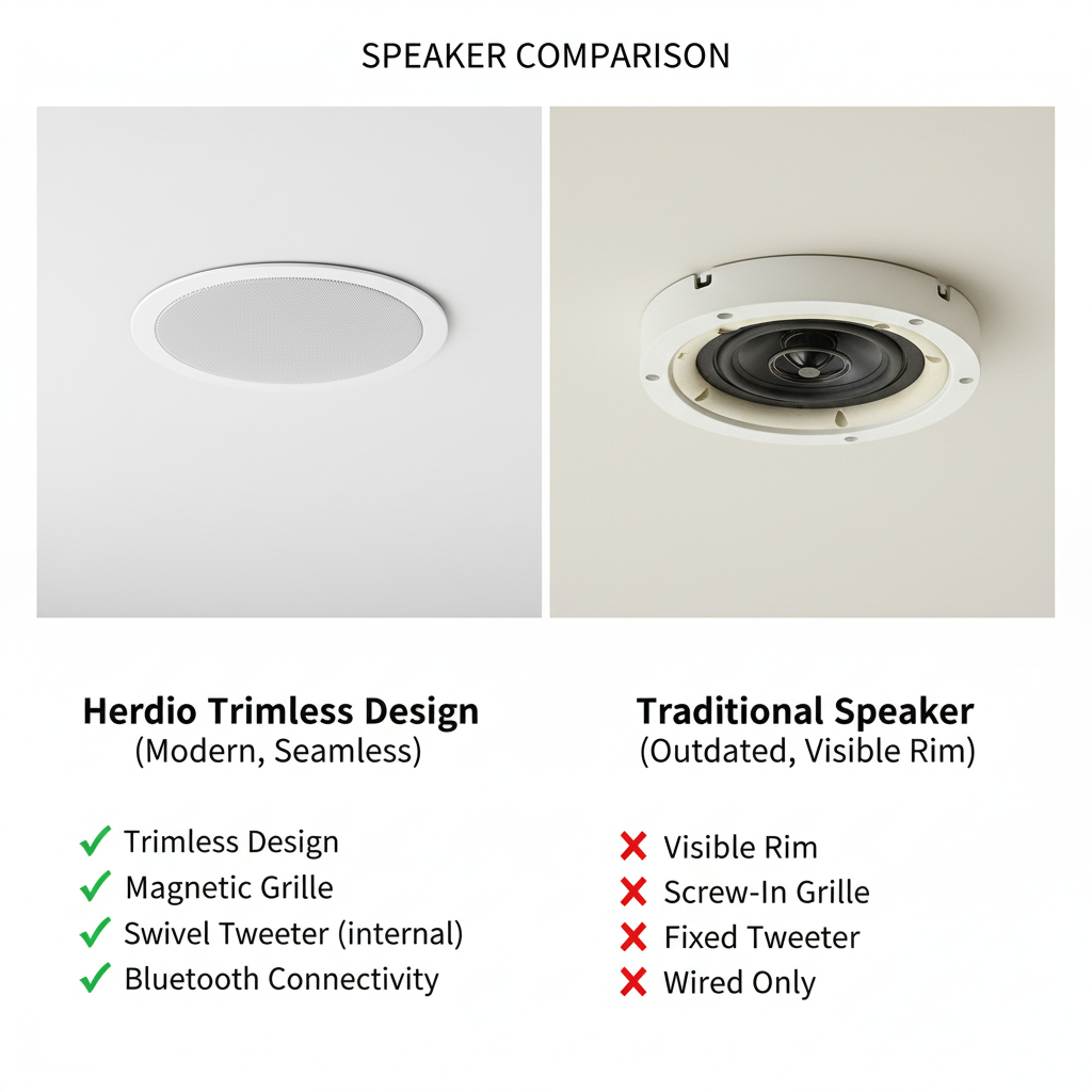 Herdio trimless ceiling speaker comparison - frameless flush mount design vs traditional bezel installation