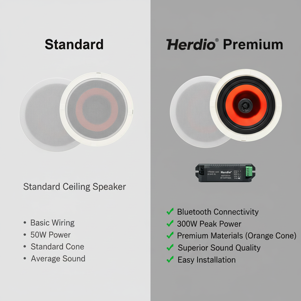 Herdio ceiling speaker comparison chart showing advantages over standard speakers for home audio systems