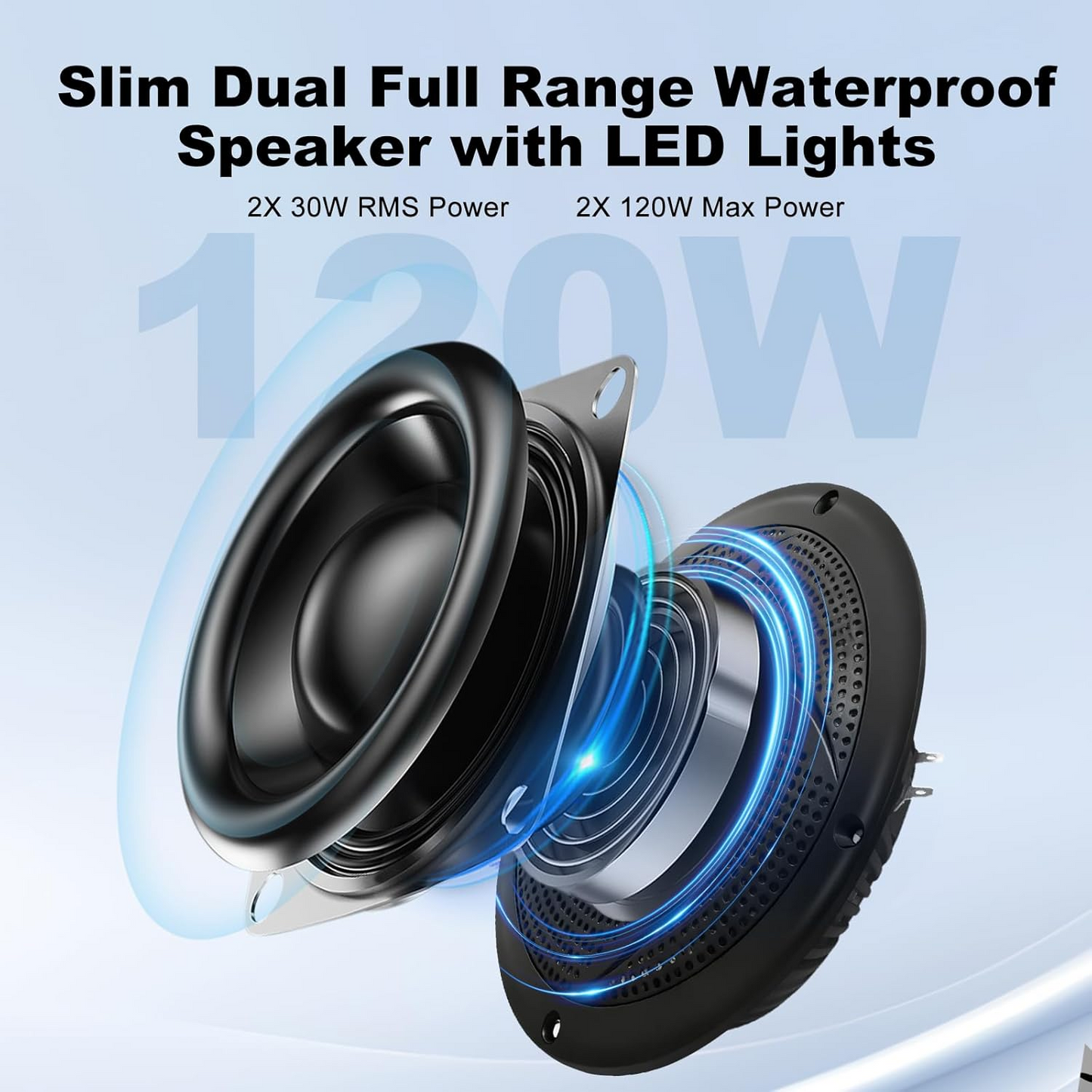 Masteronly 6.5 Inch 240W Waterproof Marine Speakers - 2 Way Weather Resistant with LED Lights, and Low Profile Slim Style for Ooutdoor Boat，RV