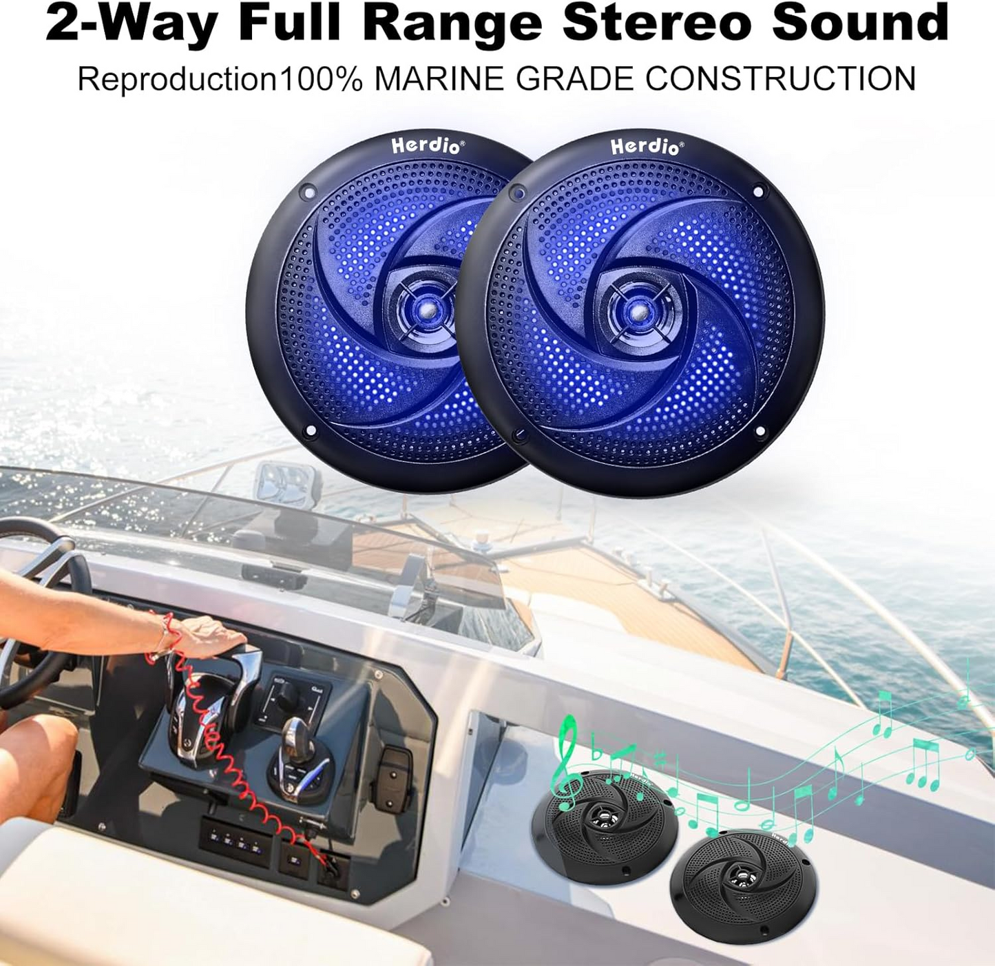 Masteronly 6.5 Inch 240W Waterproof Marine Speakers - 2 Way Weather Resistant with LED Lights, and Low Profile Slim Style for Ooutdoor Boat，RV