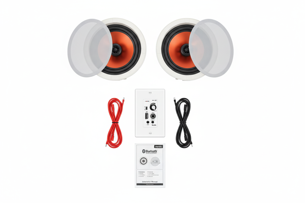 Herdio ceiling speaker package contents showing pair of speakers with mounting hardware and installation accessories