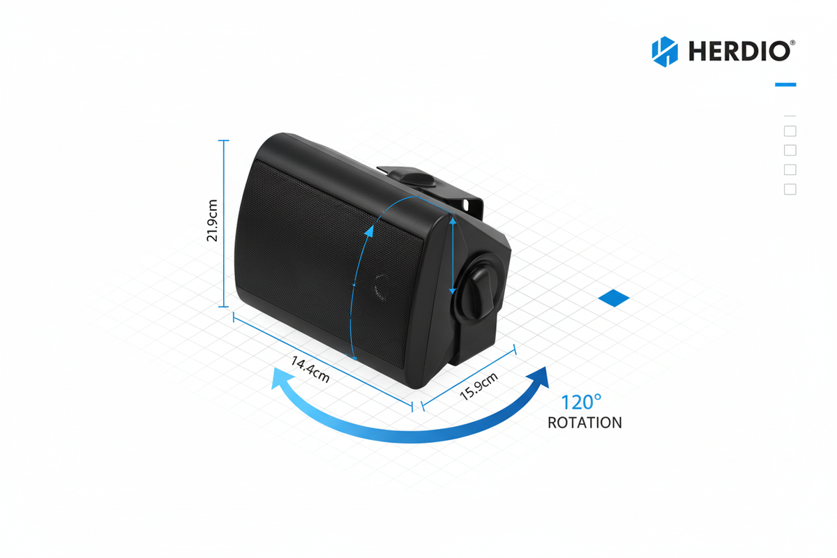 Herdio outdoor speaker 3D isometric diagram showing installation dimensions and mounting options
