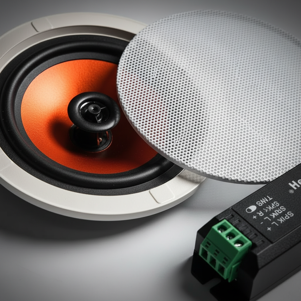 Herdio ceiling speaker internal components - high-quality woofer, tweeter, and crossover for superior sound