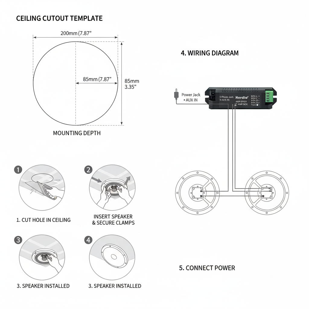 Herdio 6.5 inch ceiling speaker installation dimensions and mounting diagram for in-ceiling setup