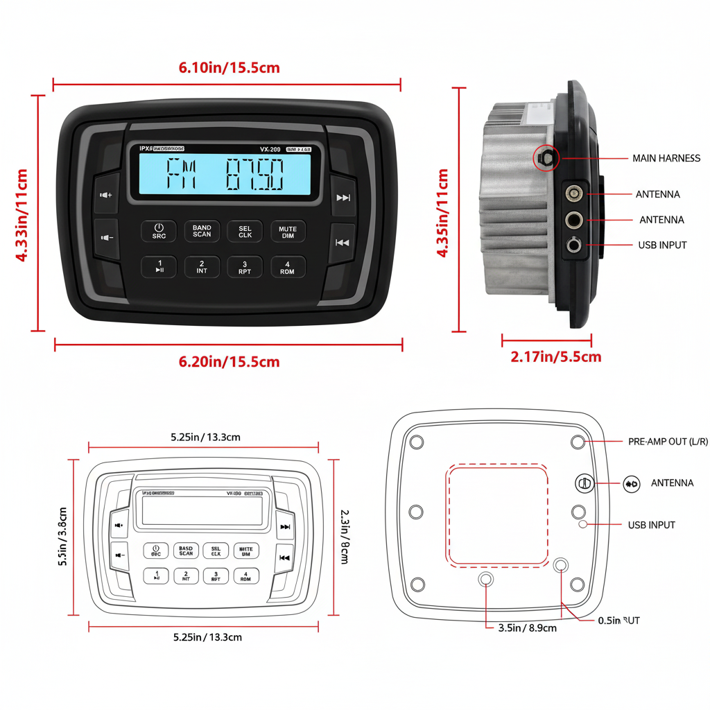 VX280 marine stereo installation dimensions and mounting specifications diagram