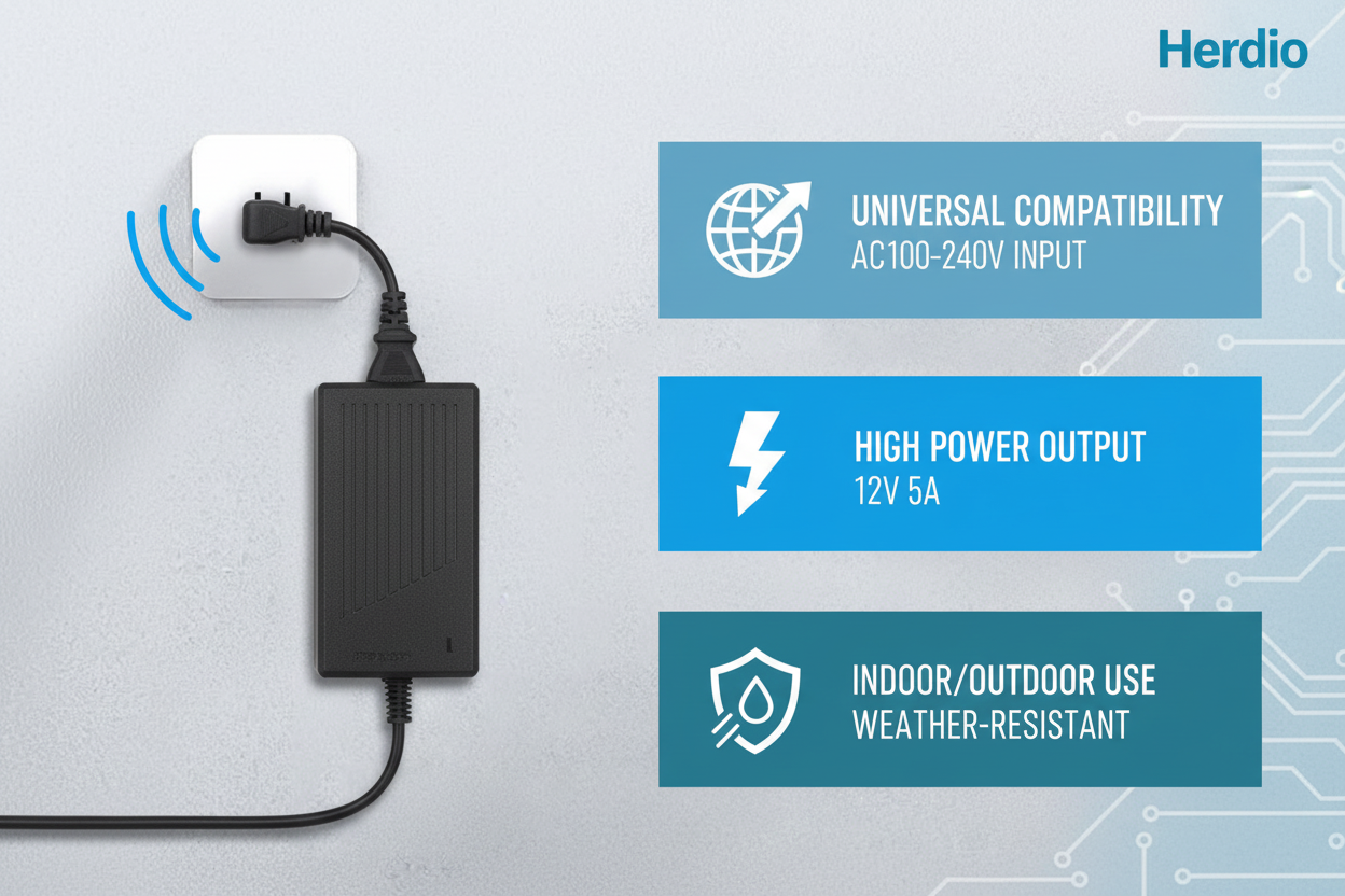 Universal AC 100-240V Power Adapter with 12V 5A Output for Herdio Audio Equipment
