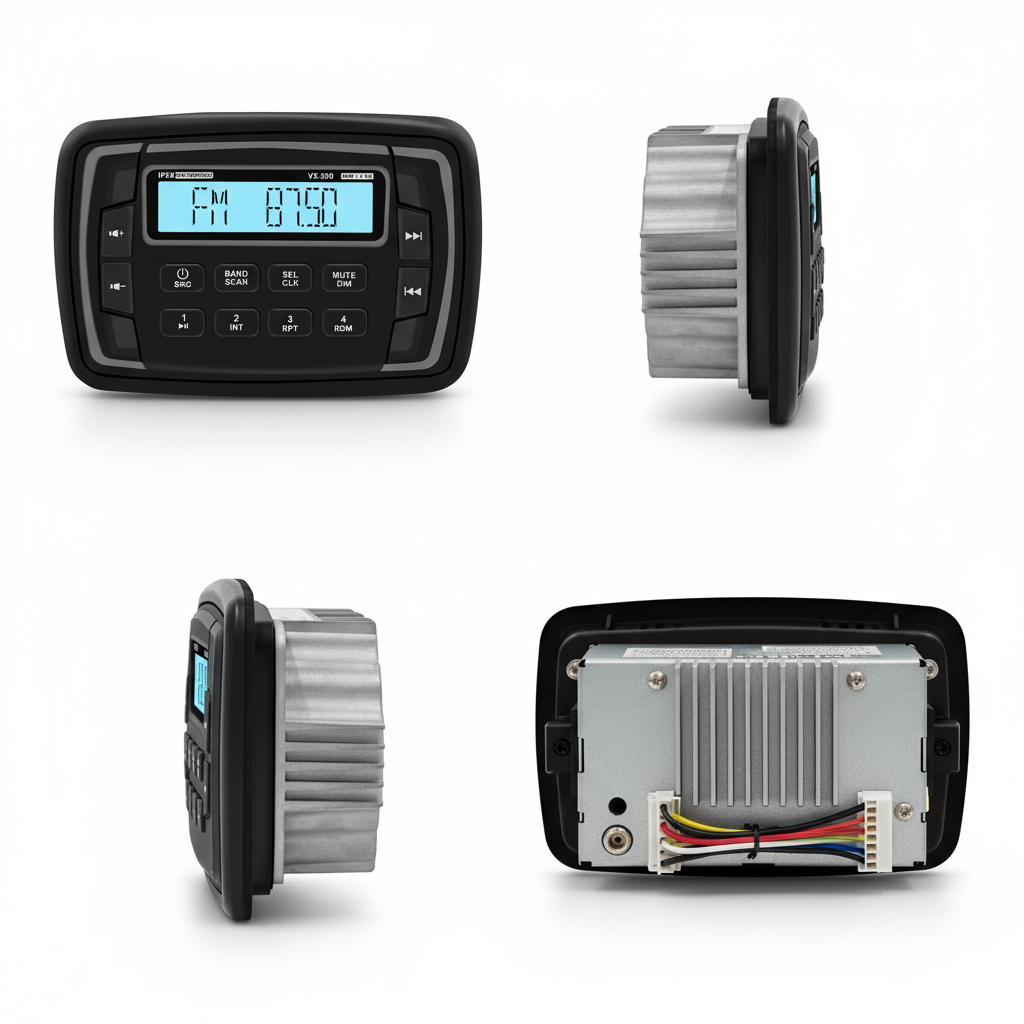 Multiple angle views of Herdio VX280 compact marine stereo receiver unit