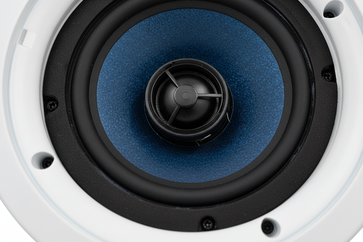 Ceiling speaker components: polypropylene cone woofer, fluid-cooled dome tweeter, built-in back-box