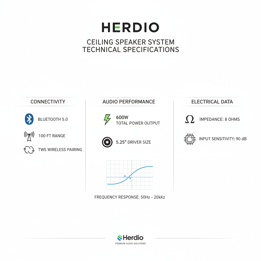 Herdio Bluetooth ceiling speaker technical specifications and power output details