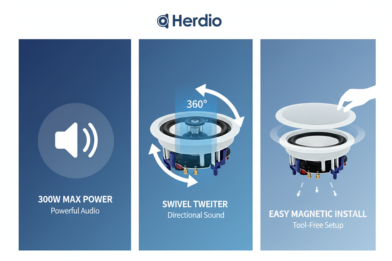 Herdio HCS528PRS ceiling speaker features 300W power 89dB sensitivity and magnetic grille
