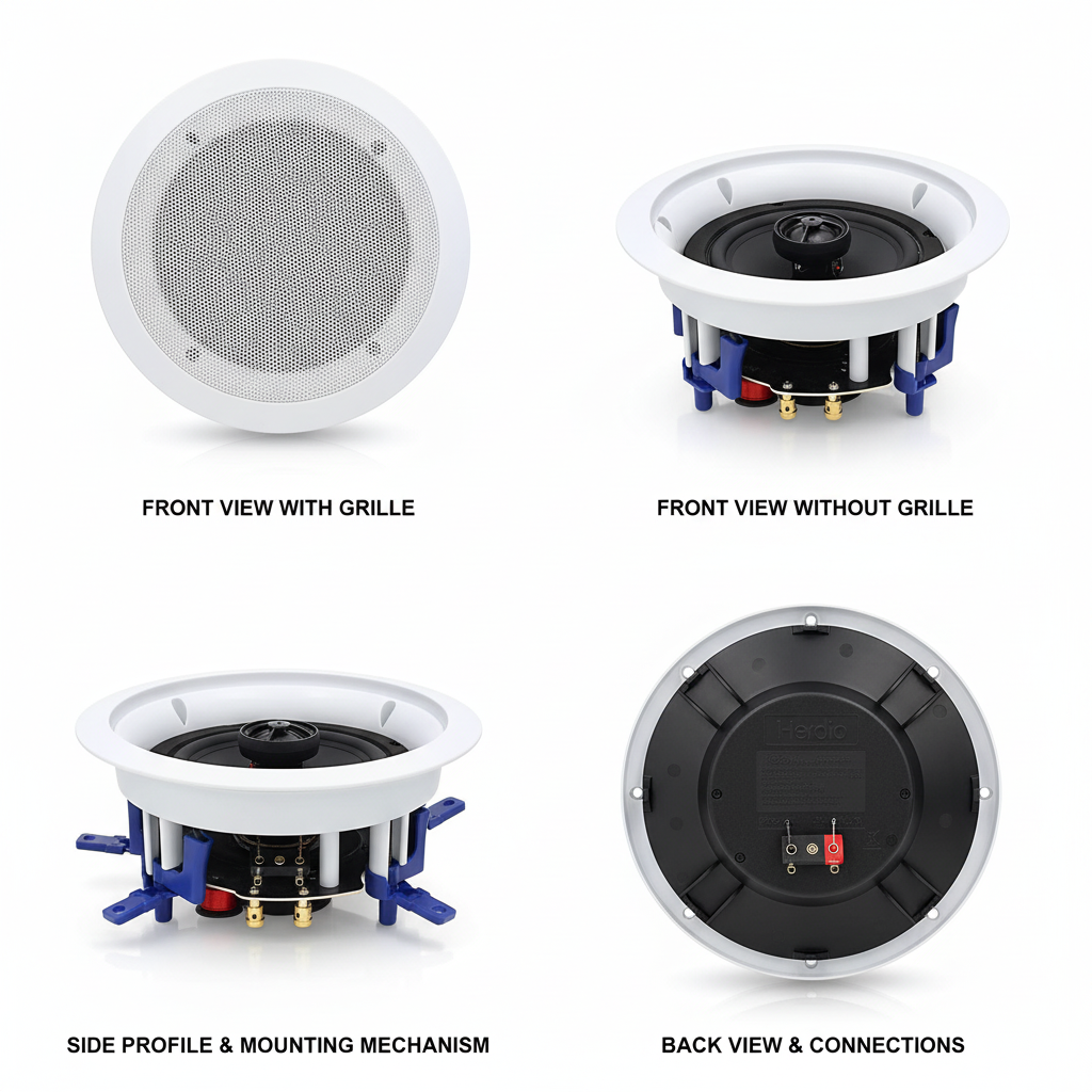 In-ceiling Bluetooth speaker multi-angle view showing paintable grille and flush-mount design