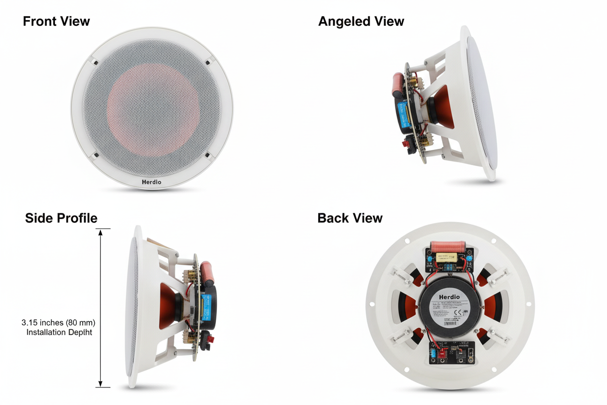 Multiple views of Herdio 6.5 inch ceiling speaker showing white grille, mounting frame, and compact design