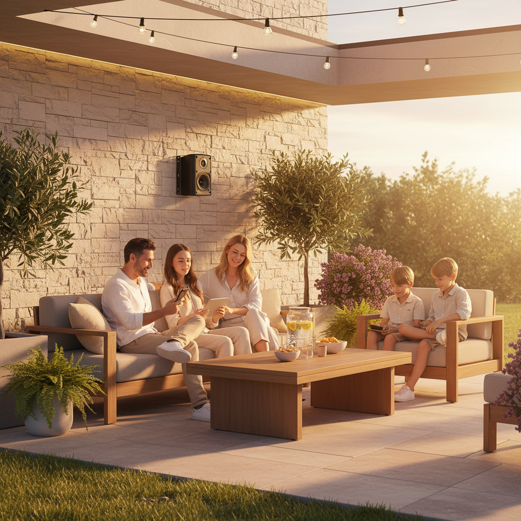 Herdio weatherproof speakers mounted on outdoor patio wall for garden entertainment