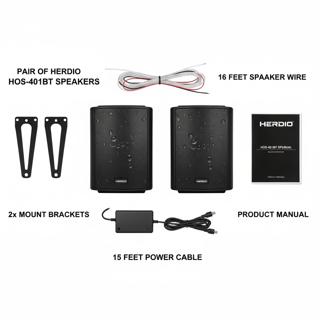 Herdio Bluetooth speaker package contents including mounting hardware and accessories