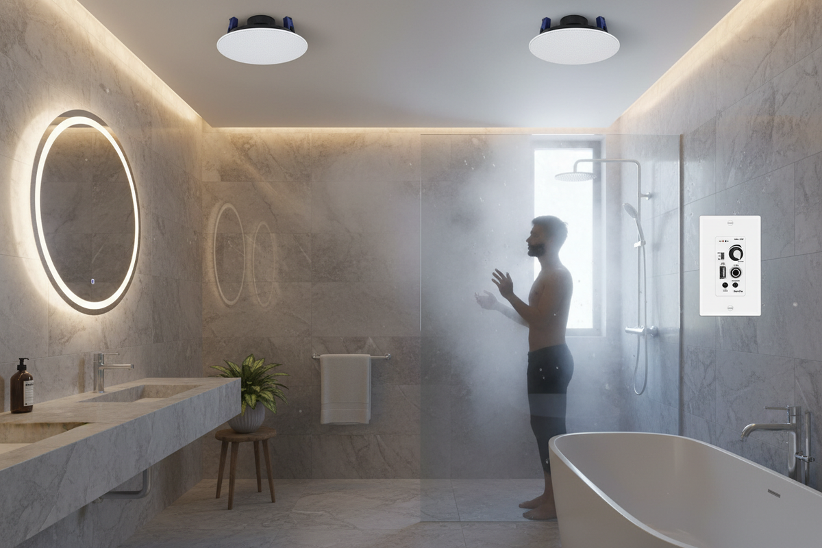 Herdio moisture-resistant ceiling speakers installed in bathroom for spa-like audio experience