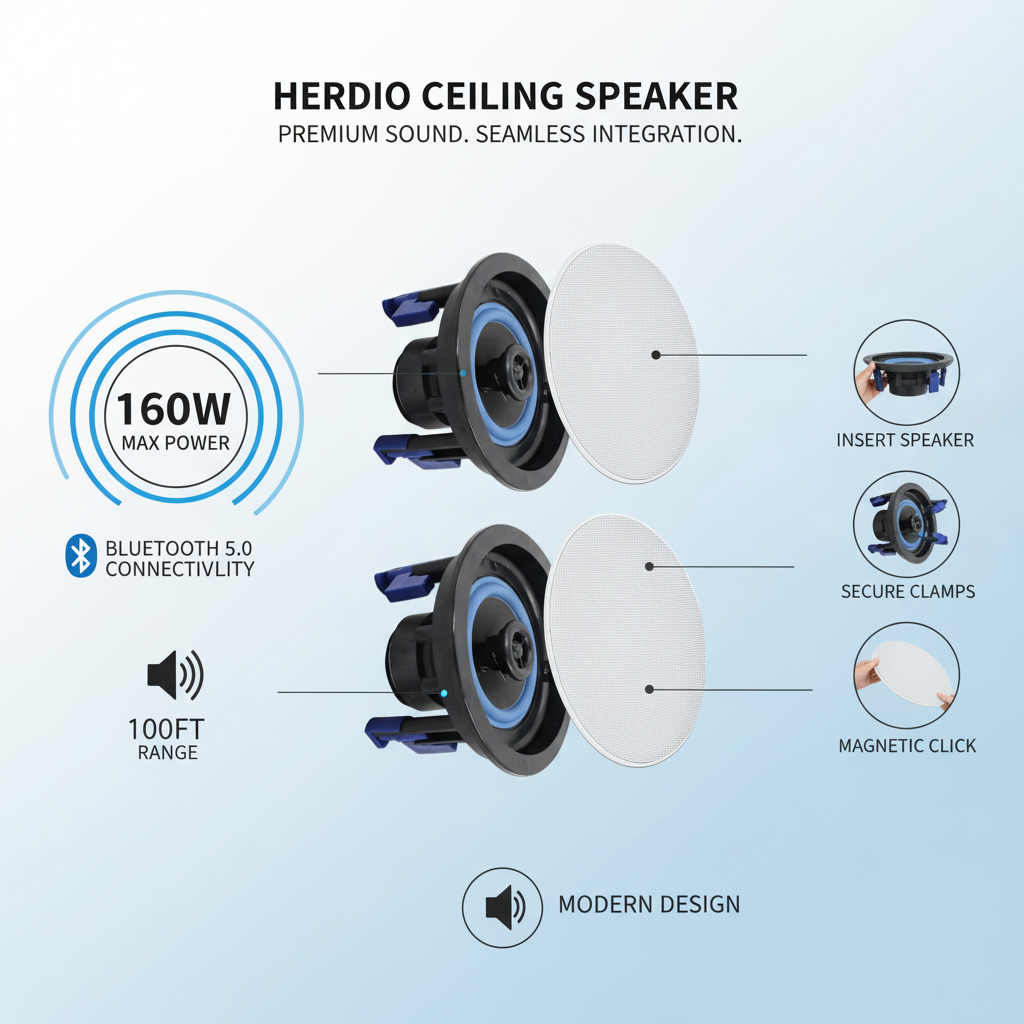 Herdio ceiling speakers key features - Bluetooth 5.0, 160W power, premium sound quality