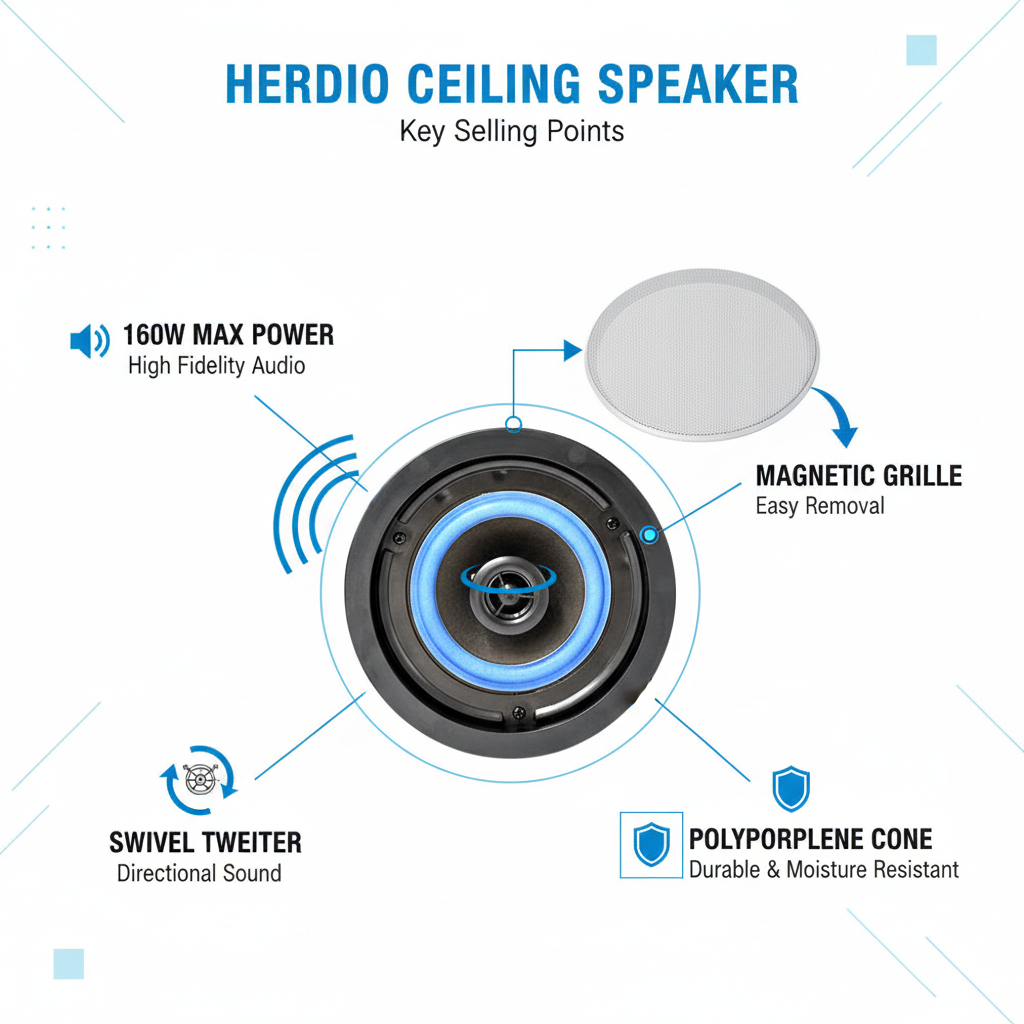 4 inch in-ceiling speaker features: 160W power, swivel tweeter, magnetic grille, easy installation for home audio