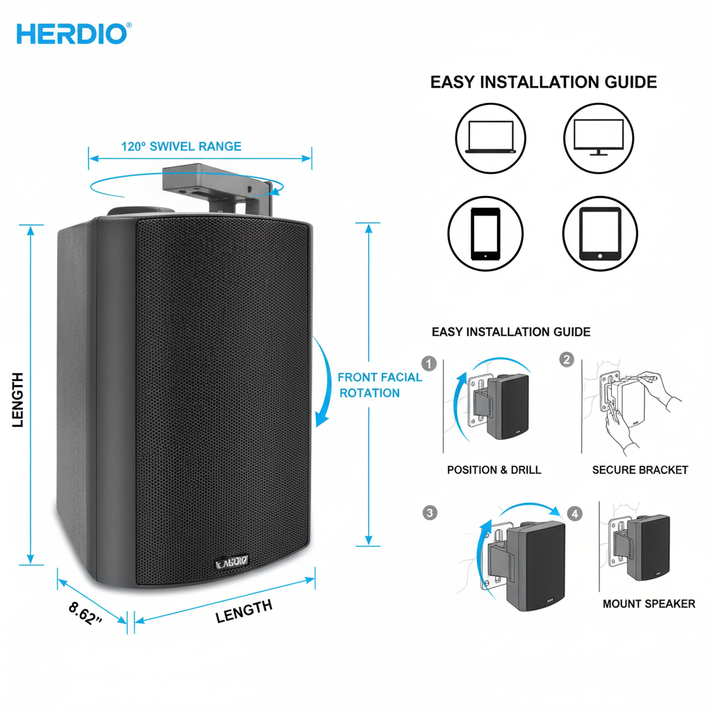 Herdio weatherproof speakers mounted on outdoor patio wall for garden entertainment