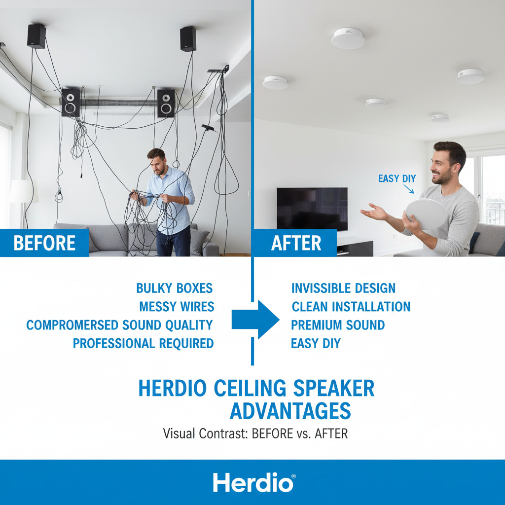 Herdio ceiling speaker model comparison chart showing different sizes and power ratings for home audio systems