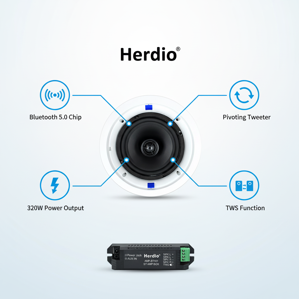 Herdio Bluetooth ceiling speakers key features infographic showing 320W power and wireless connectivity