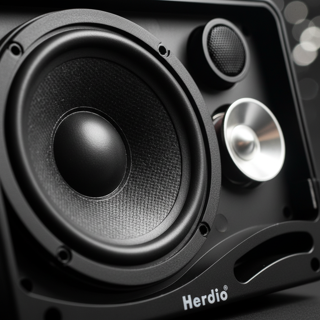 Herdio speaker components close-up - tweeter, woofer, and mounting bracket details