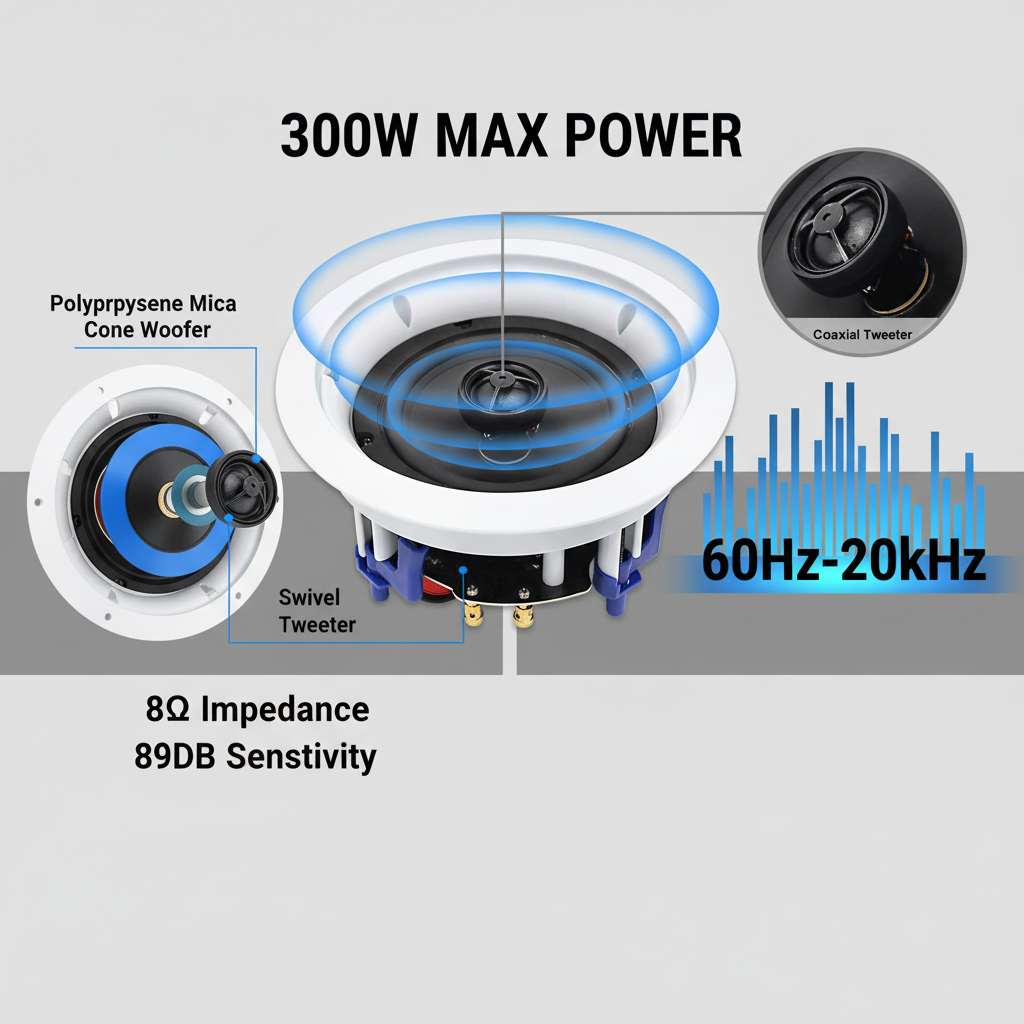 300W ceiling speaker features: Bluetooth 5.0, swivel tweeter, magnetic grille, USB charging port