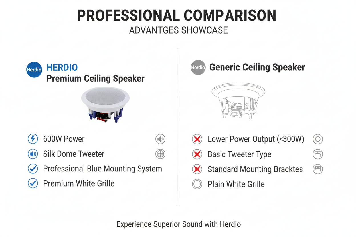 Quality comparison showing Herdio premium build vs standard ceiling speakers