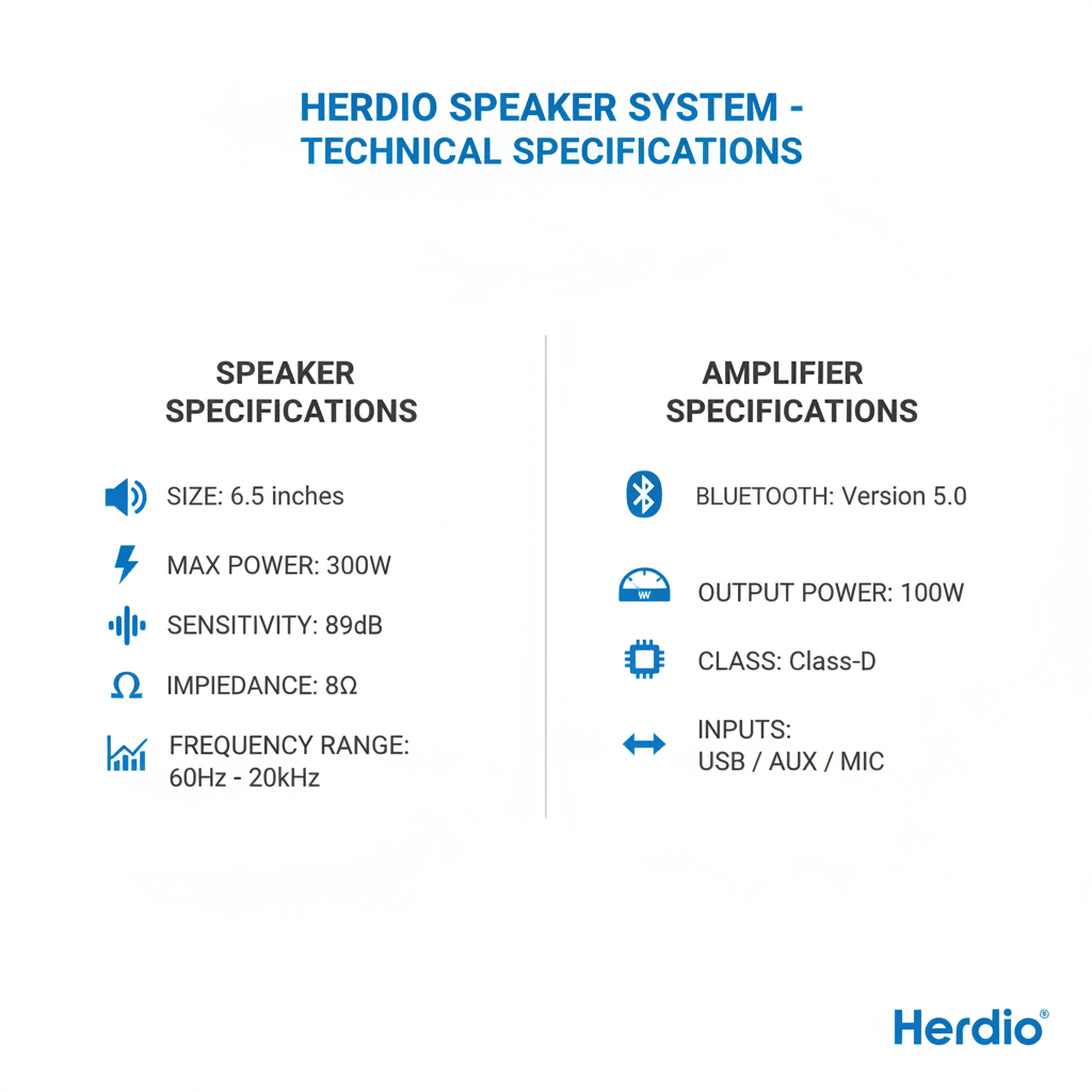 Technical specifications chart for Herdio 6.5 inch Bluetooth ceiling speakers including frequency response and impedance