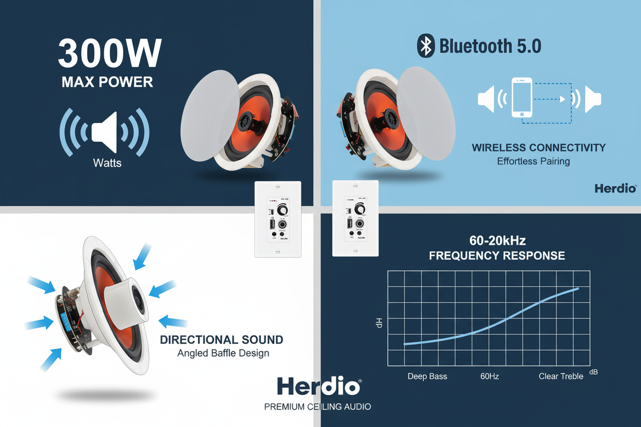 Herdio in-ceiling speaker features: 300W power output, Bluetooth 5.0, 2-way audio design, and easy installation