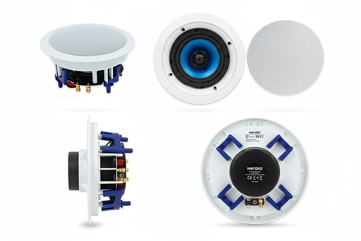 5.25 inch in-ceiling speaker multiple angles showing polypropylene cone and dome tweeter
