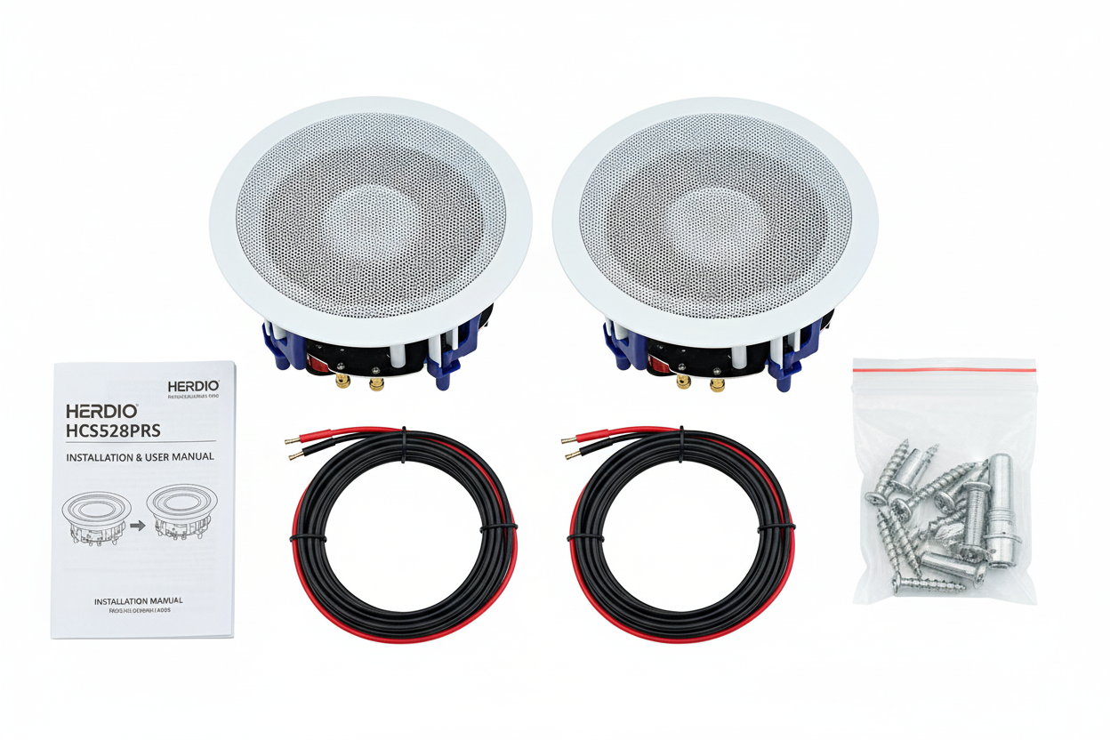 Herdio ceiling speaker package contents including pair of speakers wires and installation manual

