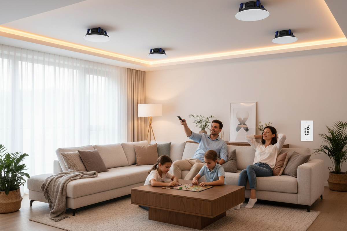 Herdio Bluetooth ceiling speakers installed in modern living room with wireless streaming