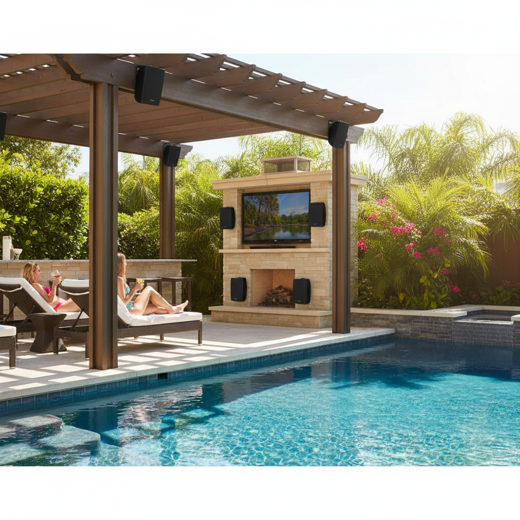 Herdio outdoor Bluetooth speakers in garden setting - wireless stereo sound system for outdoor living spaces