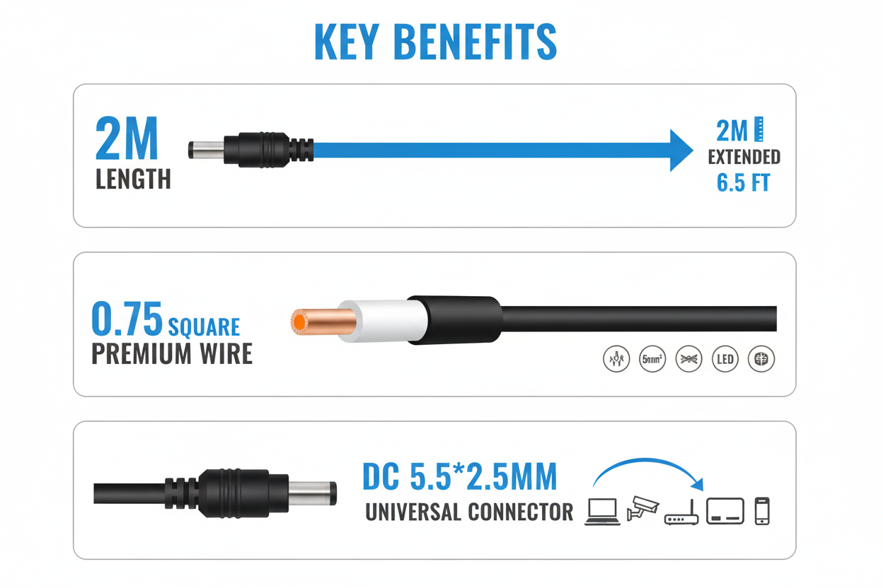DC 12V power cable key features - universal compatibility and quality construction