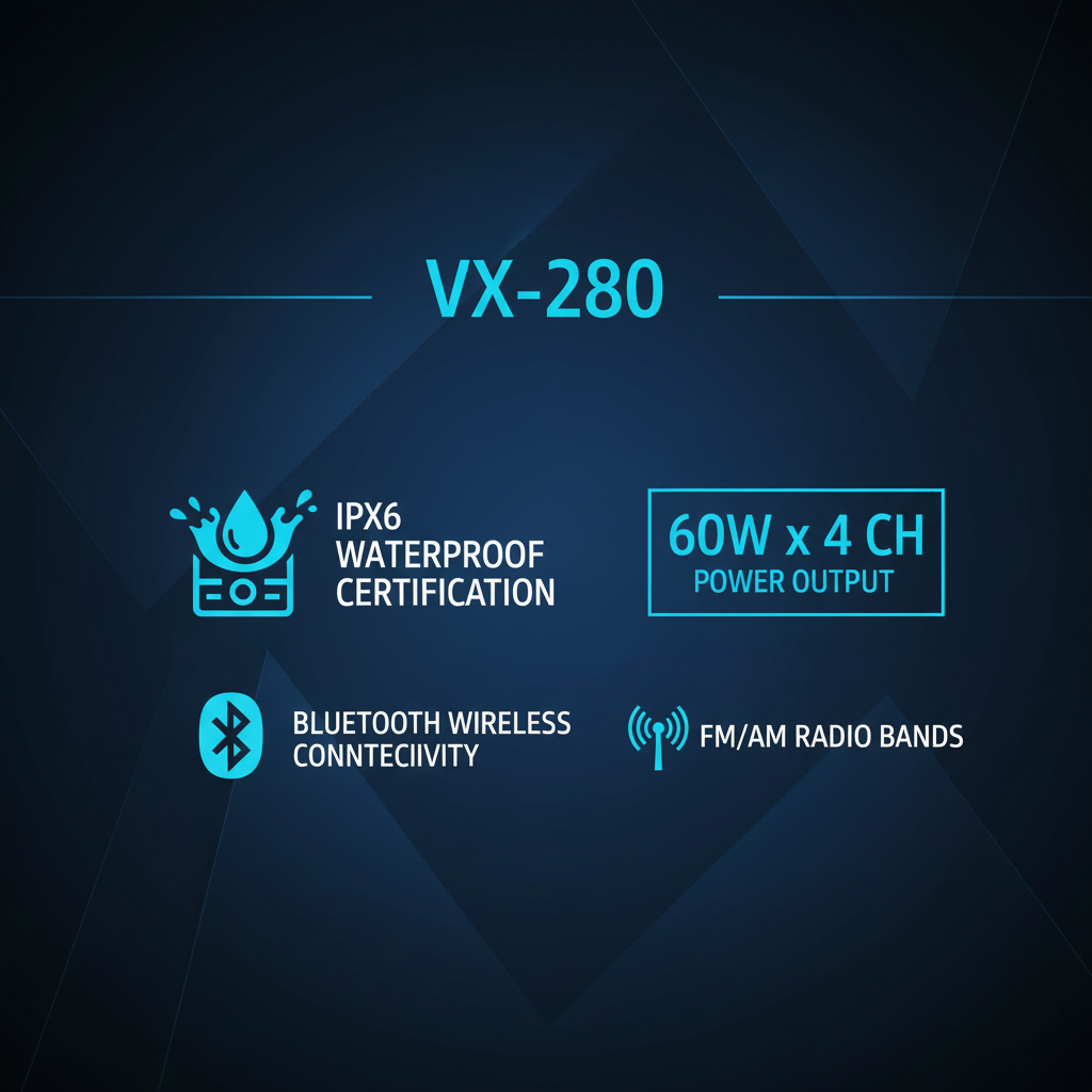 Herdio VX280 marine radio features: Bluetooth, AM/FM, USB, waterproof IPX66 rated