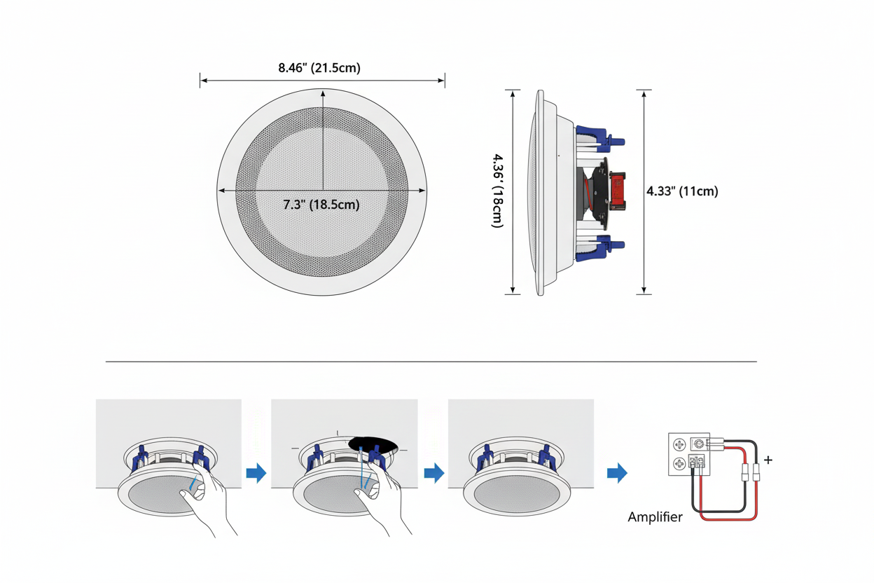 Installation dimensions and cutout specifications for ceiling speaker mounting