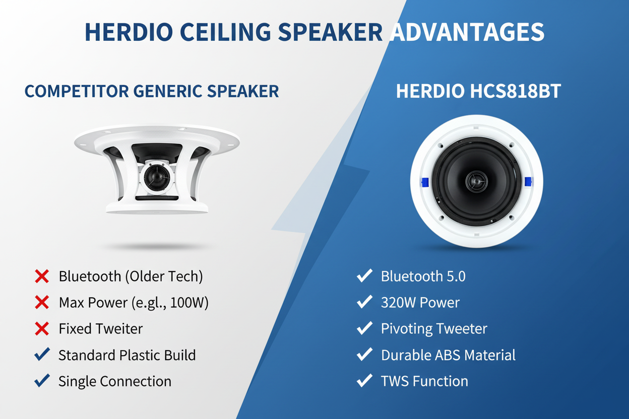 Herdio ceiling speaker comparison chart highlighting specifications and performance features