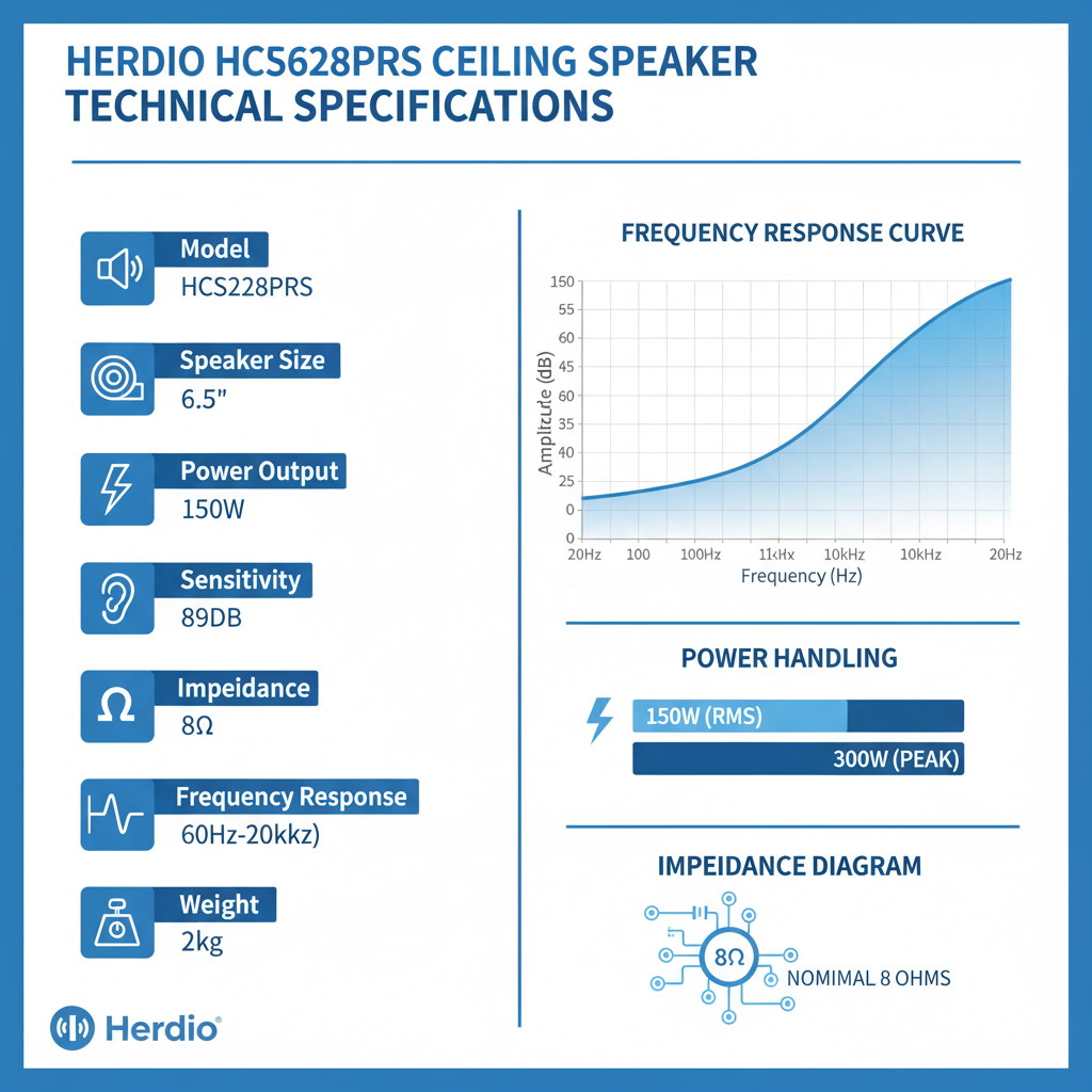 Ceiling speaker specifications: 150W RMS, 300W max power, 60Hz-20kHz frequency response, polypropylene cone

