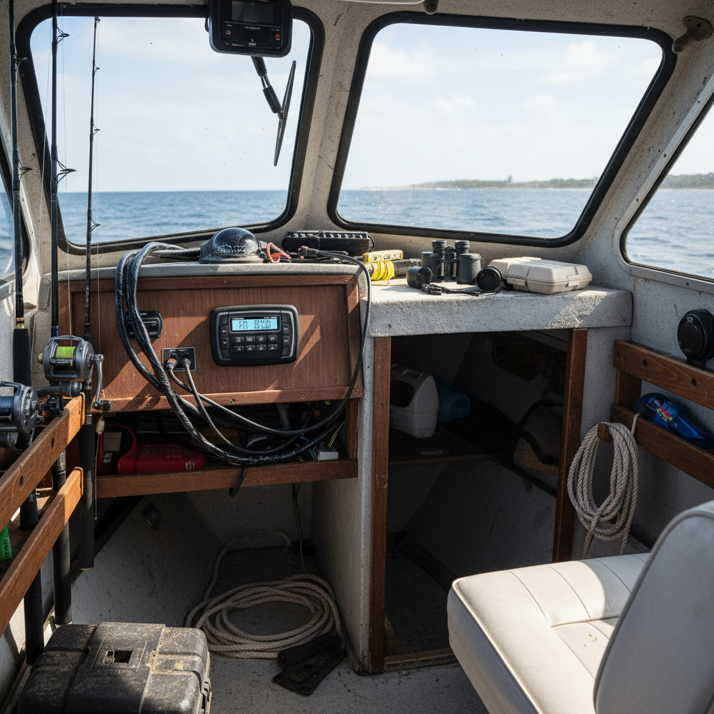 Herdio marine Bluetooth radio installed in fishing boat cabin environment