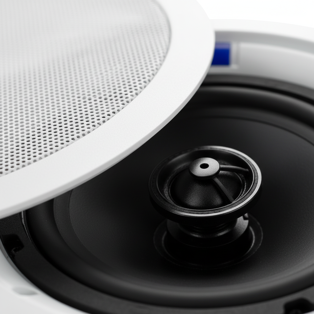 Close-up detail of Herdio 6.5 inch in-ceiling speaker grille and premium build quality