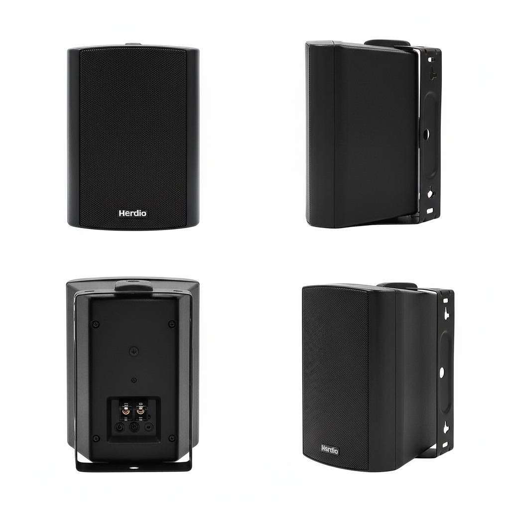Herdio 4 inch outdoor speakers shown from multiple angles with mounting bracket