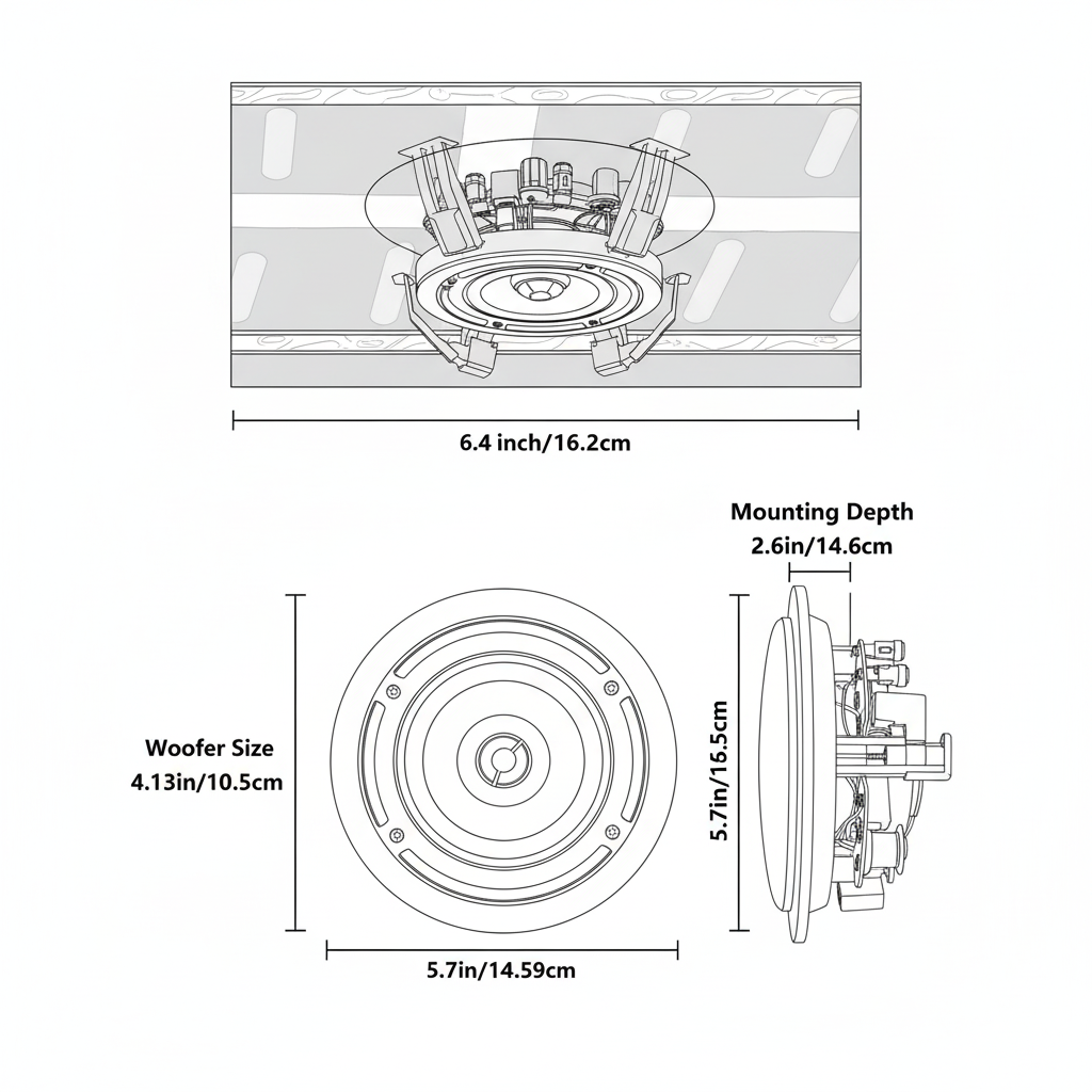Herdio ceiling speaker installation dimensions and cutout size specifications diagram